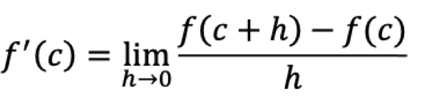 <p>The limit as h approaches 0 of f(c+h) - f(c ), all over h</p>