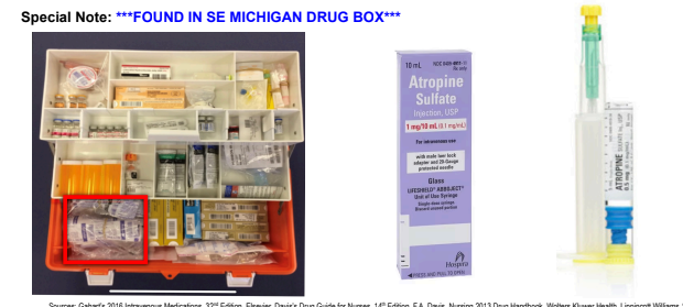 <p>Increases heart rate in bradycardic pts, decreases secretions in organophosphate poisoning pts</p><p>Adult: <br>Bradycardia – 1 mg IV/IO q 3-5 min up to max total of 3 mg</p><p>Organophosphate poisoning – 1 to 5 mg IV/IM/IO repeated 3-5 min until cessation of bronchial secretions</p><p>Peds:<br>Bradycardia NOT responding to Epi- 0.02mg/kg IV/IO (min dose of 0.1 mg and max single dose 0.5 mg) with a maximum total of 1 mg for a child and 3 mg for an adolescent.</p><p>Organophosphate peds < 12 yrs old - 0.05mg/kg IV/IM/IO may be repeated every 20-30 mins until cessation of bronchial secretions</p>