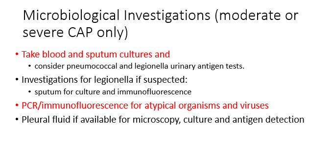 <ul><li><p><span>Take blood and sputum cultures&nbsp;and</span></p><ul><li><p><span>consider pneumococcal and legionella urinary antigen tests.</span></p></li></ul></li><li><p><span>Investigations for legionella if suspected:</span></p><ul><li><p><span>sputum for culture and immunofluorescence</span></p></li></ul></li><li><p><span>PCR/immunofluorescence for atypical organisms and viruses</span></p></li><li><p><span>Pleural fluid if available for microscopy, culture and antigen detection</span></p></li></ul>