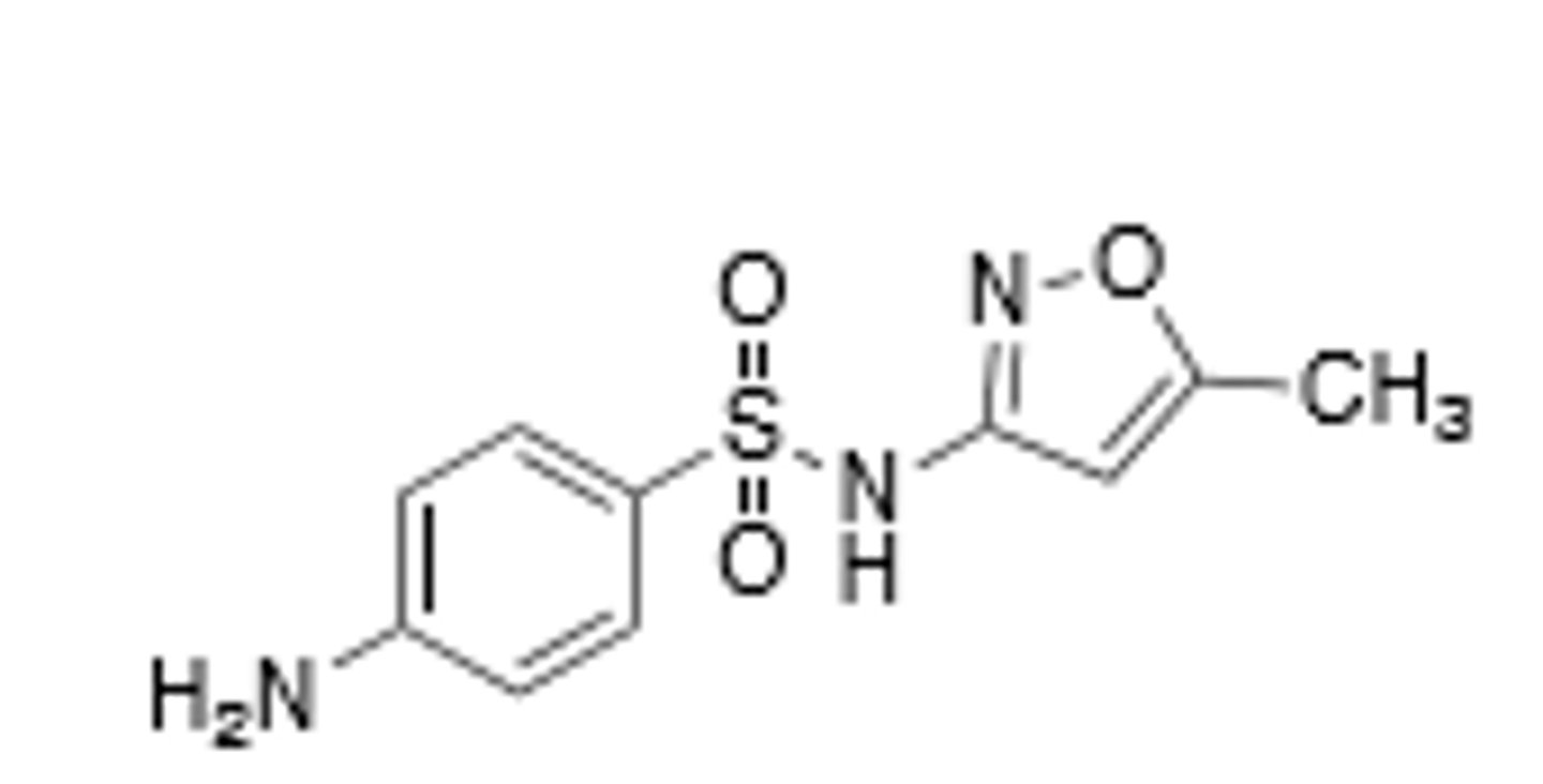 <p>Sulfonamide, comes from prodrug prontosil, inhibition of p-aminobenzoic acid (PABA) into the folic acid nucleus, blocking Thymine synthesis in bacterial cells, preventing the creation of new DNA, leading to cell death. Broad spectrum. Commonly used in combination, especially with trimethoprim due to increased resistance mechanisms over the years. All drug class derivatives (Sulfas) are cross-allergenic. Crystalluria and hematopoietic disturbances, main resistance is from bacteria that cause overproduction of PABA, mutations in the target enzyme (dihydropteroate synthase), and mutations that decrease cell permeability. Metabolized by N-4-N-acetylation and sometimes N-1 glucuronidation</p>