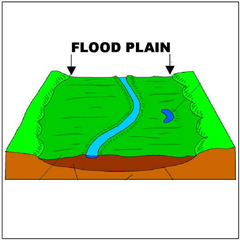 <ol><li><p>during floods, water slows down + loses energy and deposits transported material building floodplain</p></li><li><p>meanders widen as they move across floodplains laterally</p></li><li><p>over time, meanders move downstream</p></li></ol>