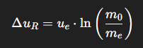 <p>It tells us how much velocity change (ΔuR​) a rocket can achieve based on its initial and final mass and the exhaust velocity.</p>