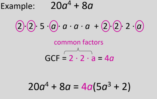 <p>get the gcf of all terms of the polynomial and then apply distributive property.</p>
