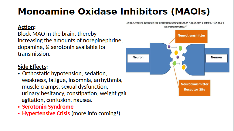 <p>monoamine: serotonin, dopamine, norepinephrine </p><p>oxidase: enzyme</p><p>inhibitors: stops/blocks</p>