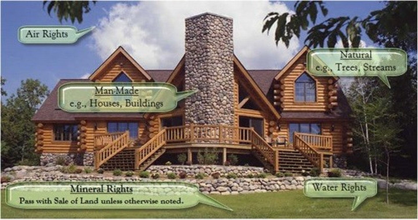 <p>'It runs with the land'. A right, privilege, or encumbrance associated with the property. ex. parking spaces, easements, water rights... it transfers to a new owner when property is sold</p>