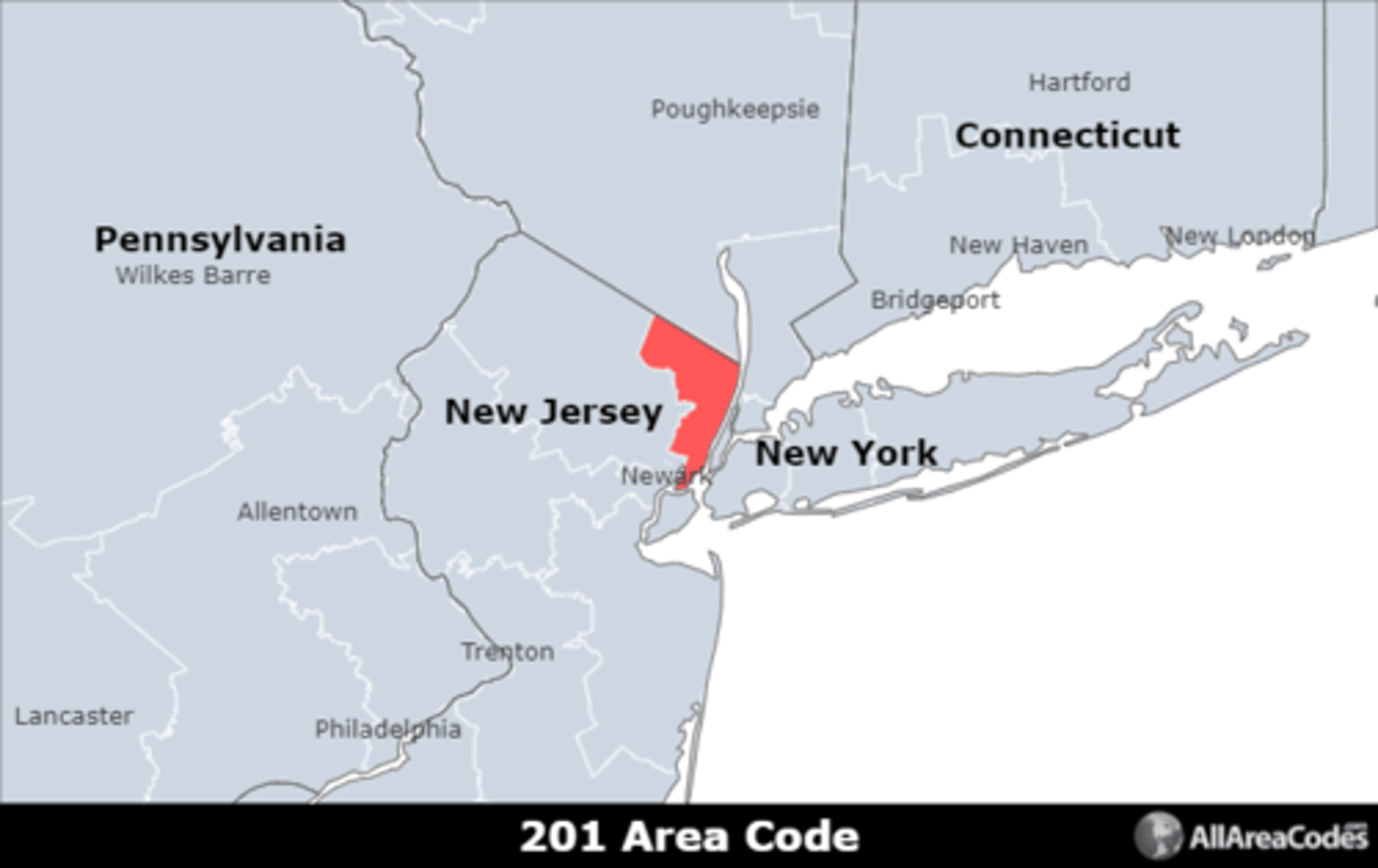 <p>Area code 201 is located in northeastern New Jersey and covers Jersey City, Union City, Bayonne, and Hoboken. It has a single overlay (551) that serves the same area.</p>