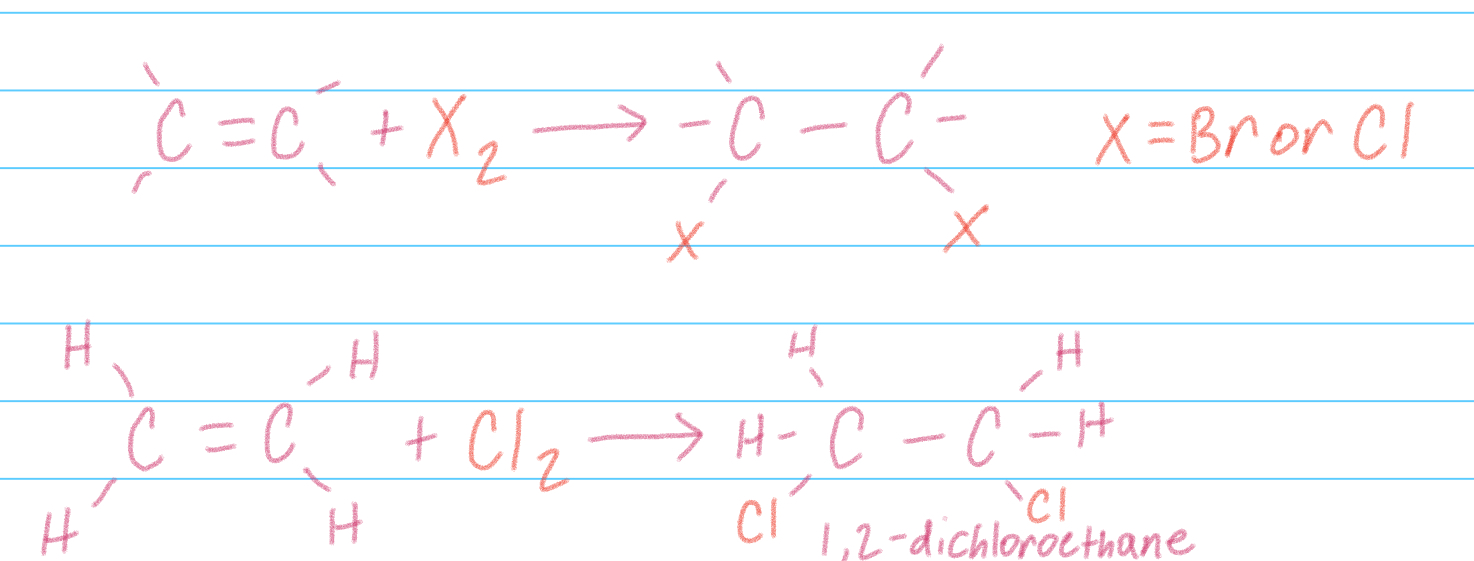 <p>Addition of Cl2 or Br2 to alkenes, use UV and heat</p>