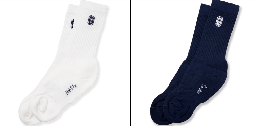 <p>white/navy crew sock w logo (Bishop O’Connell)</p>
