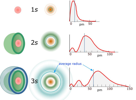 <ul><li><p>The ℓ = 0 orbitals have spherical shape. m ℓ = 0  </p></li><li><p>Between nodes is a radial node</p></li><li><p>The ns orbital has n – 1 radial nodes.</p></li></ul><p></p>