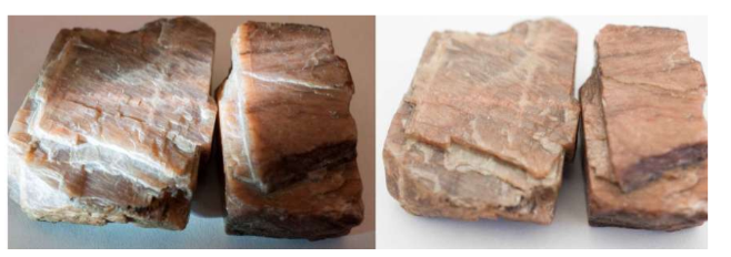 <p>KALSI_3O_8      Blocky, cubic like cleavage. NO STRIATIONS. Translucent white to pink. Looks like muscle fibres with raw meat. </p>