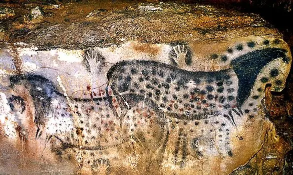 <p>(Paleolithic Period) Spotted Horses and Human Hands: Made in-</p>