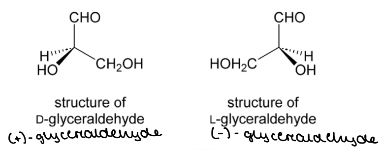 <ul><li><p><strong>Glyceraldehyde</strong></p></li><li><p>The configuration of substituents in <mark data-color="blue" style="background-color: blue; color: inherit">(+)-glyceraldehyde</mark> is called the <mark data-color="blue" style="background-color: blue; color: inherit">‘D’</mark> configuration</p></li><li><p>The configuration of substituents in <mark data-color="purple" style="background-color: purple; color: inherit">(-)-glyceraldehyde</mark> is called the <mark data-color="purple" style="background-color: purple; color: inherit">‘L’</mark> configuration</p></li></ul><p></p>