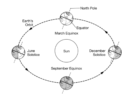 <p>Based on the diagram, which of the following days in Earth’s yearly orbit would have the longest period of daylight in the Northern Hemisphere?</p><p><strong>A </strong>March equinox</p><p><strong>B </strong>December solstice</p><p><strong>C </strong>September equinox</p><p><strong>D </strong>June solstice<br></p>