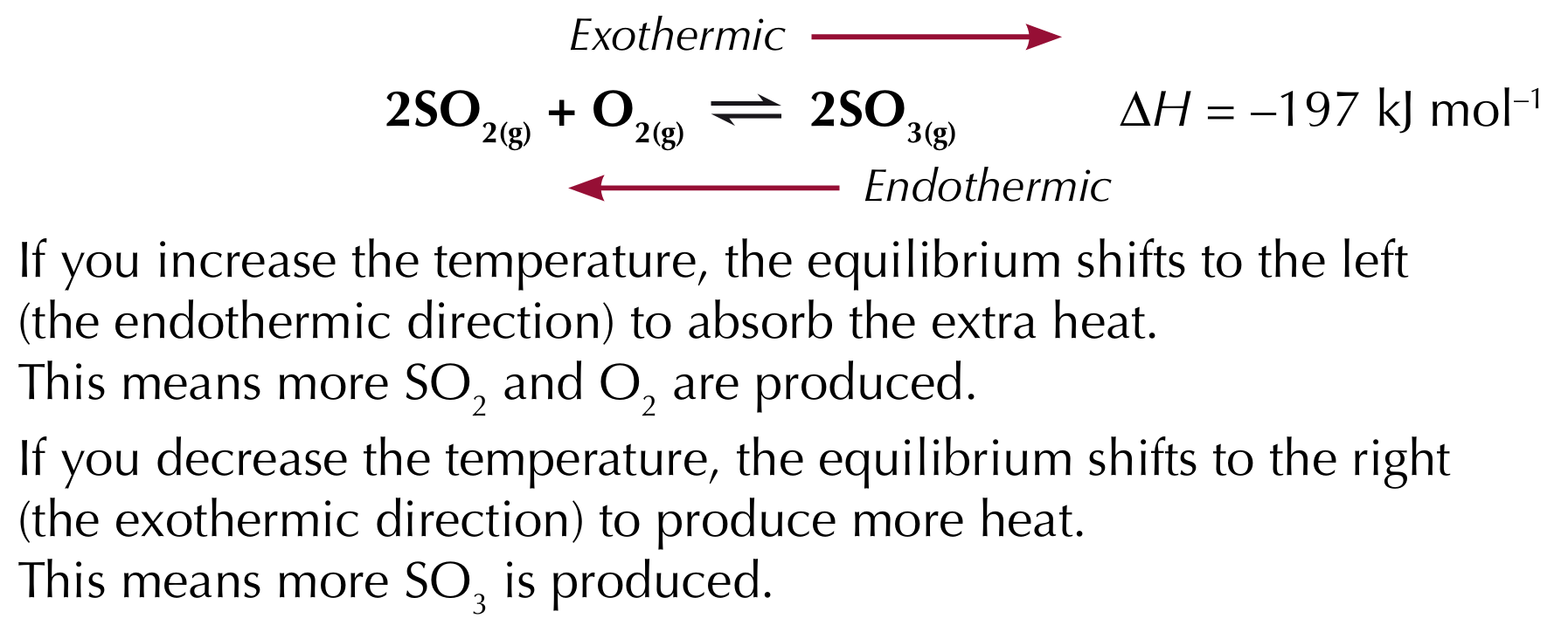 <p>If the temperature increases, the equilibrium shifts in the endothermic direction (positive direction)<br><br>If the temperature decreases, the equilibrium shifts in the exothermic direction (negative direction)</p>