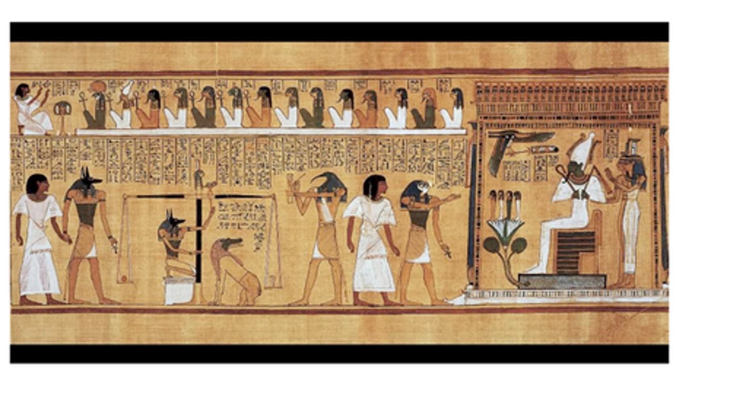 <p>ancient Egyptian collection of mortuary texts made up of spells or magic formulas, placed in tombs and believed to protect and aid the deceased in the afterlife.</p>