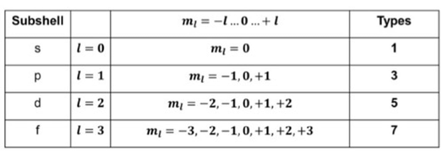 <p>ml = -l ... 0 ... +l</p><p>orbital = specific orbital</p><p>orientation in space of the orbital</p>