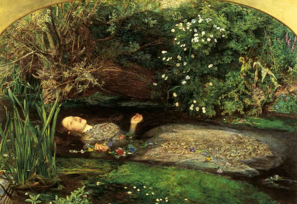 <p>Pre-Raphaelite. After Hamlet murders Ophelia’s father, Ophelia drifts down the river to her death.  Dense foliage and confronting nature. Importance of plant life. Real dress and model, nothing is idealized. Painted outdoors. Symbolism in flowers. </p>