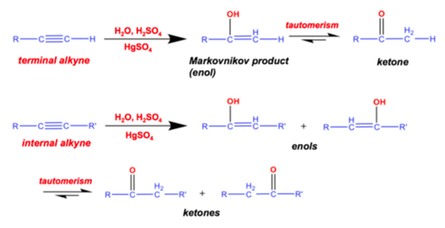 <p>+ H20, conc. H2SO4 or H2PO4, turns into an aldehyde if terminal and ketone if internal</p><p>carbocation formation? yes</p><p>rearrangement? Tautomerization</p><p>regiochem? yes (markovnikov)</p><p>stereochem? no</p>