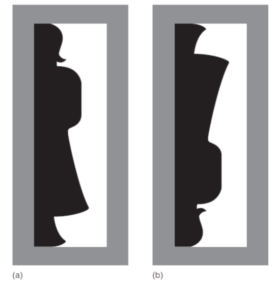 <ul><li><p>Figure-ground formation can be affected by the meaningfulness of a stimulus</p></li><li><p>The black part is seen as a figure when upright and appears like a woman, but does not appear that way when it’s viewed upside down</p></li><li><p>Meaningfulness can influence identifying a figure in an image</p></li></ul><p></p>