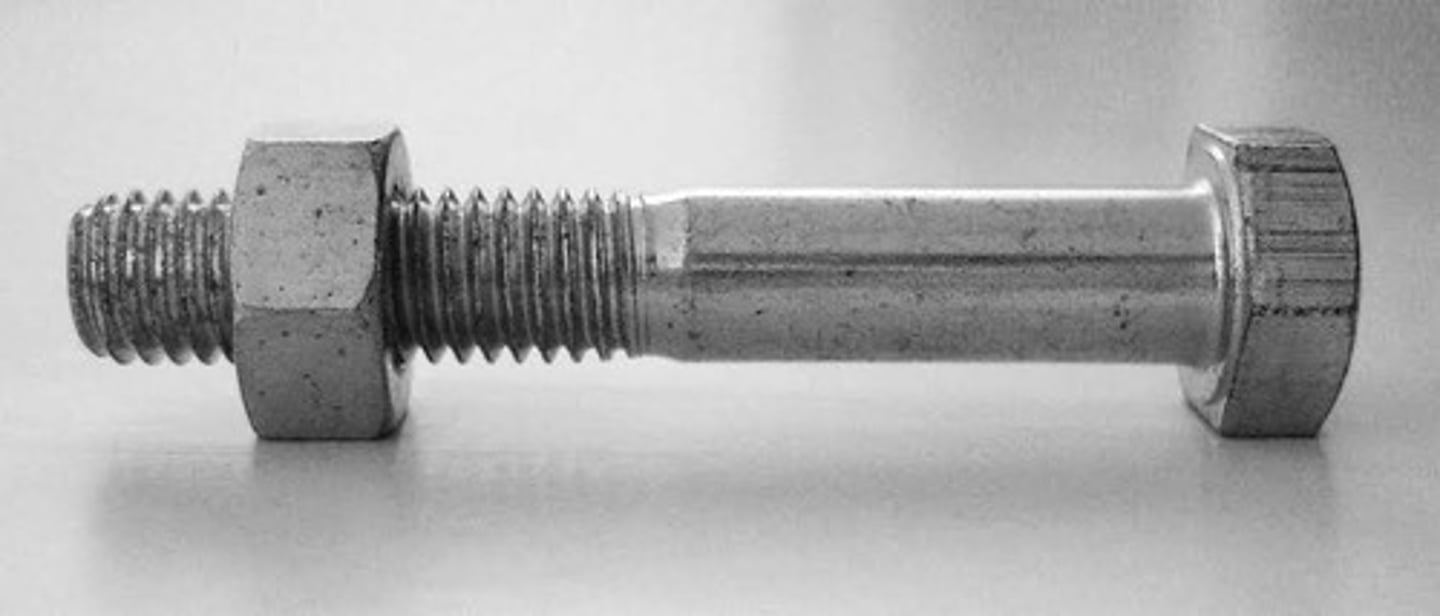<p>A bolt having a flat bearing surface and a square or hexagonal head for turning with a wrench.</p><p>-used when head is accessible for tightening</p>
