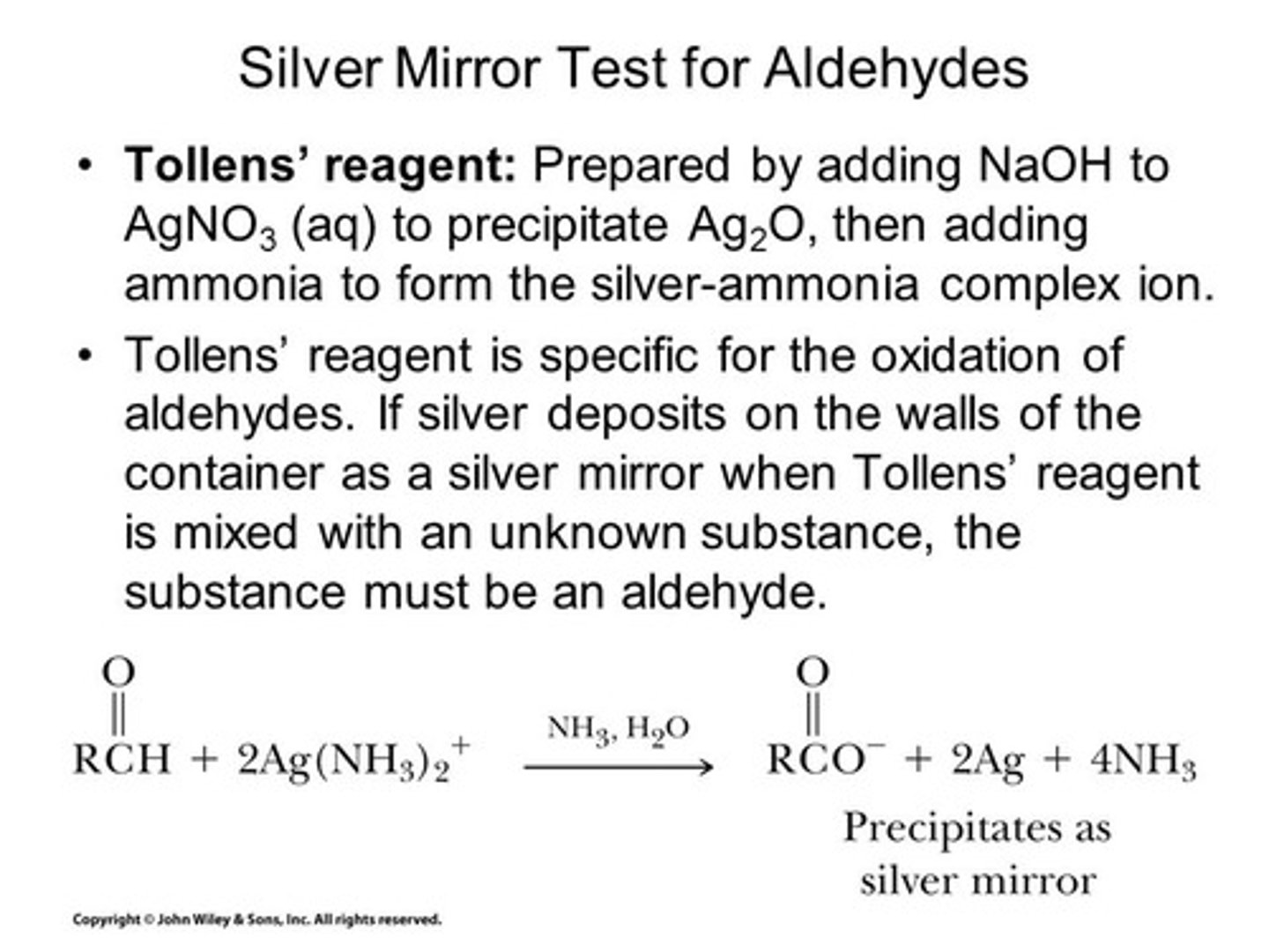<p>Tollens test</p><p>Aldehyde to carboxylate</p>