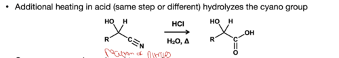 <p>HCl, H2O, and heat which turns just the nitrile group to carboxylic acid</p>
