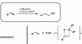 <p>Anti-Markovnikov selectivity</p><p>Can oxidize to Anti-Markovnikov alcohol</p><p>4-membered sigma-metathesis transition state</p><p>Larger borane = better regioselectivity</p><p>Increased rate: </p><p>Higher substitution on olefin</p><p>More olefin strain</p><p></p><p>Decreased rate: </p><p>Steric bulk on olefin</p><p></p><p>Regioselectivity based on electronic factors:</p><p>EDG stabilizes positive charge, gives better selectivity</p><p>EWG destabilizes positive charge, gives worse selectivity</p><p>TMS stabilizes positive charge (beta-silicon effect), but can give worse selectivity. </p><p></p>