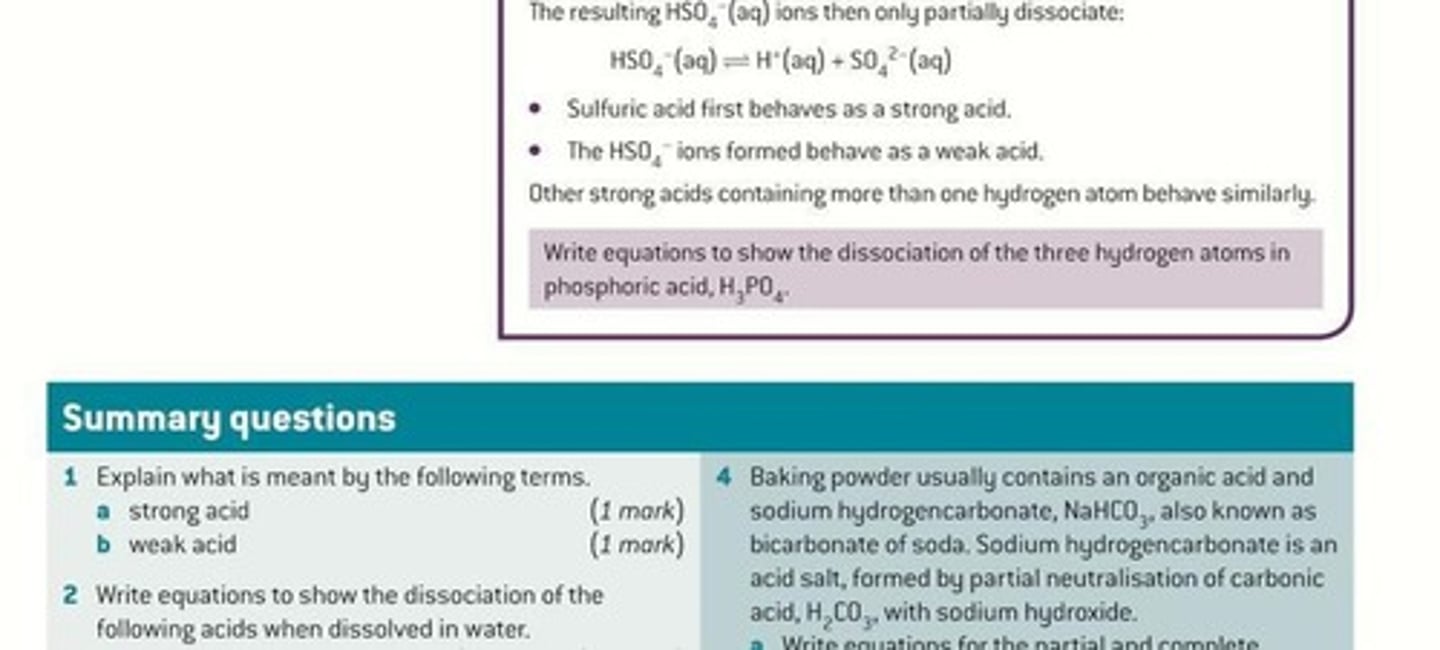 <p>Strong acid, formula H2SO4, fully dissociates.</p>