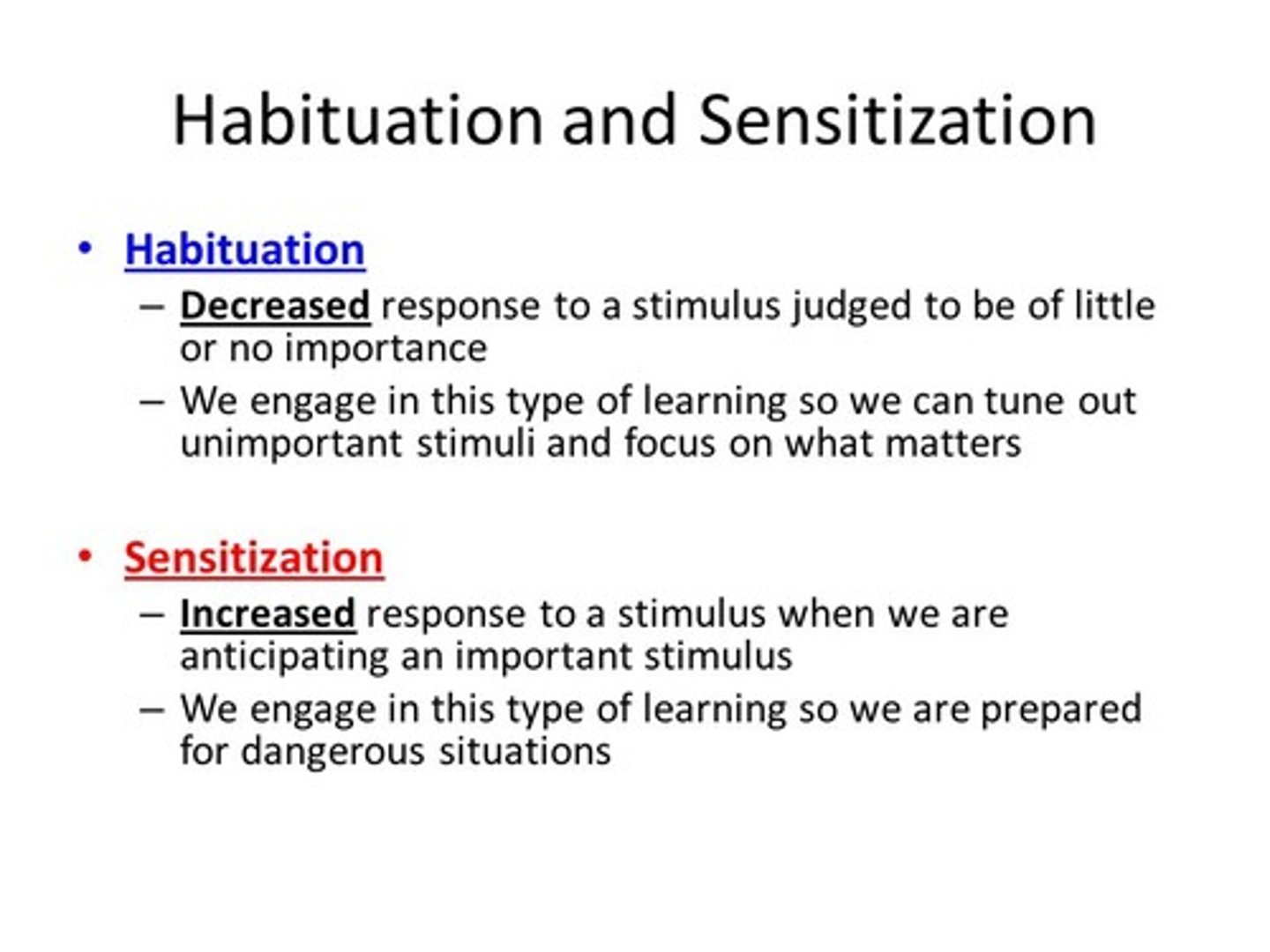 <p>Sensitization would entail you having a harder and harder time trying to sleep because the noises start bothering you more and more.</p><p>Habituation would entail you having and easier and easier time trying to sleep because the noises begin to blend into the background and affect you less and less over time.</p>
