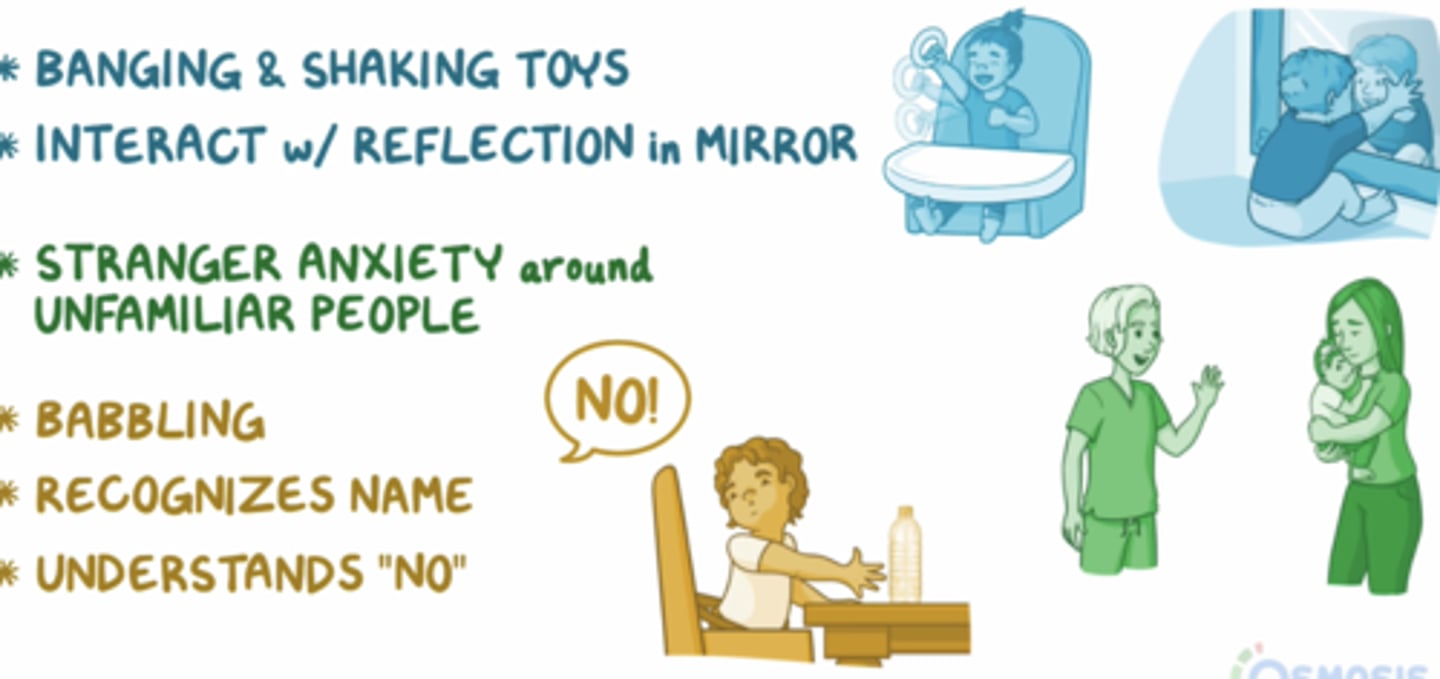 <p>- babbles</p><p>- recognizes name and familiar people</p><p>- rolling over</p><p>- transfers objects from hand to hand</p>
