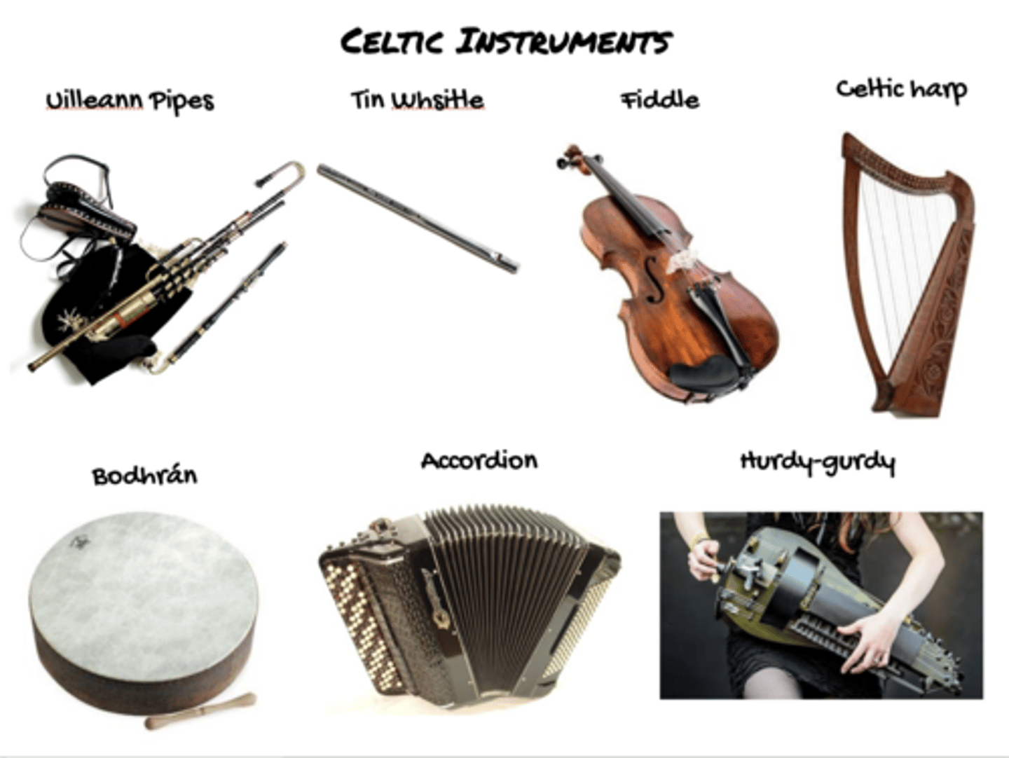 <p>Uilleann pipes, Bodhrán, Whistles, Fiddle, Accordion and Hurdy-Gurdy</p>