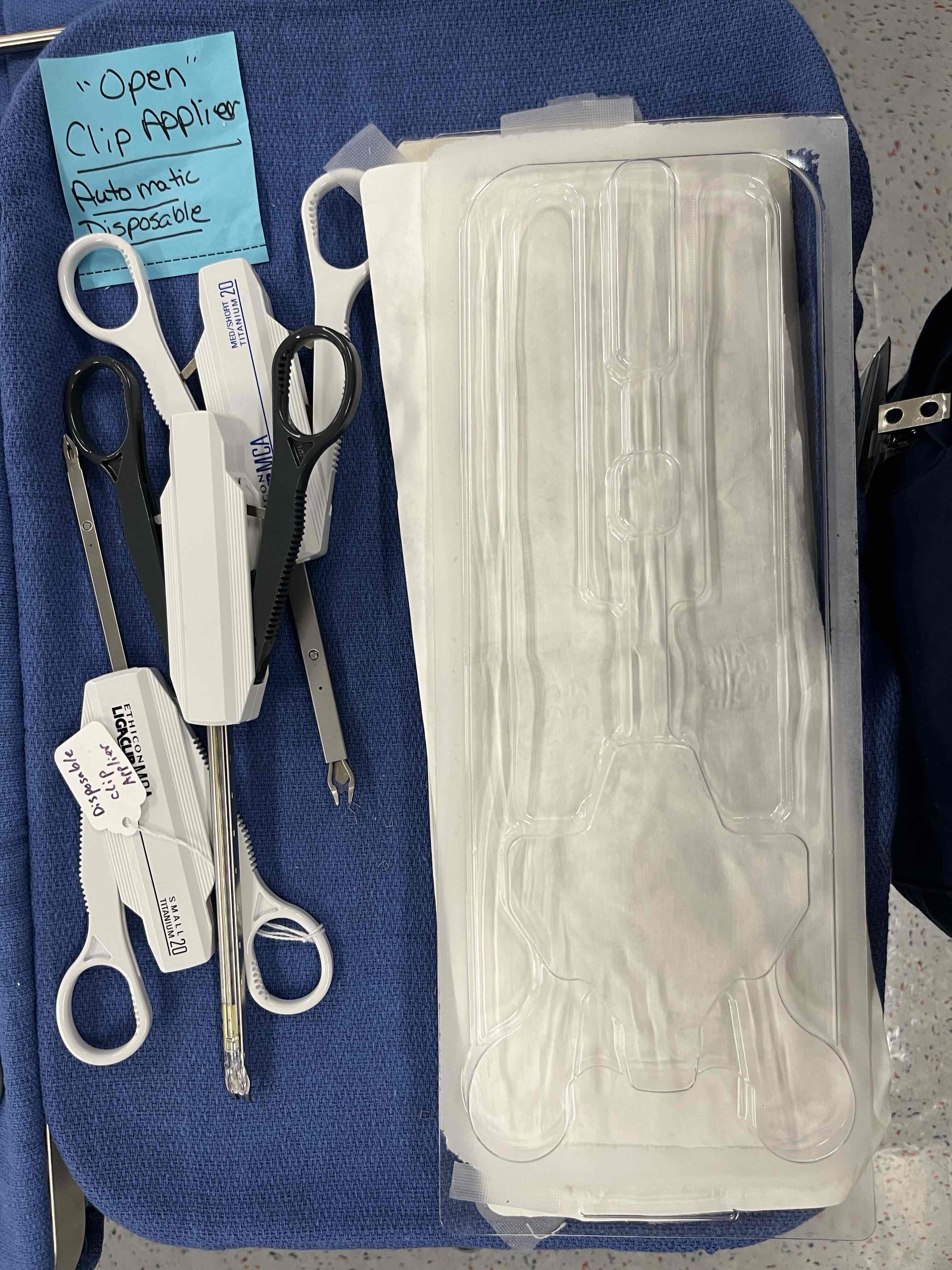 <p>Clip applier/ clips Open, or Endo</p>