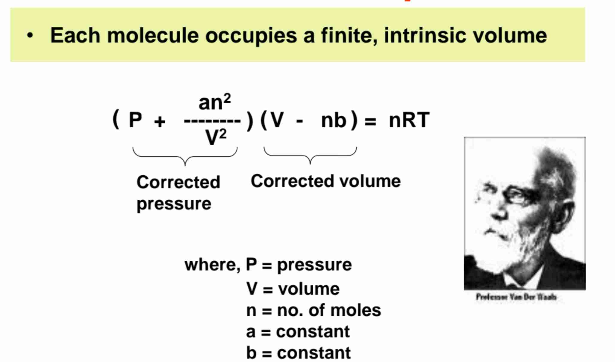 <p>Corrected the Ideal Gas Law Equation PV = nRT </p><p>(P + an²/V²) X (V - nb) = nRT</p>