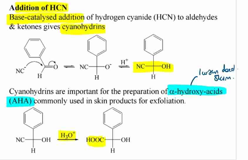 <p><span>Reaction with HCN produces cyanohydrins, used in synthesizing α-hydroxy acids.</span></p>