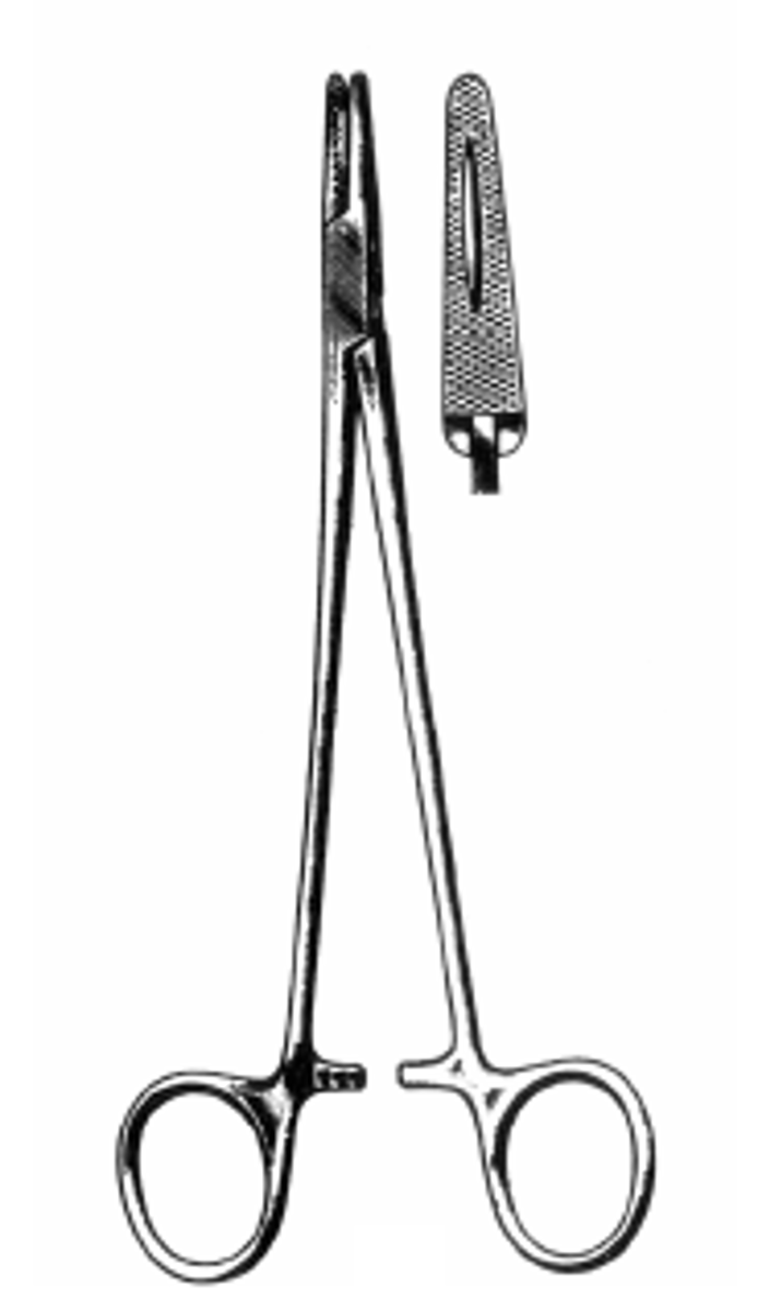 <p>light weight tool with cross-hatched faces used in surgery to hold needle for sutures</p>