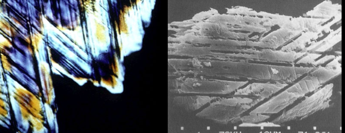 <p>unusual microstructure</p><p>cross-cutting shock lamellae</p><p>deformation of crystal structure</p>