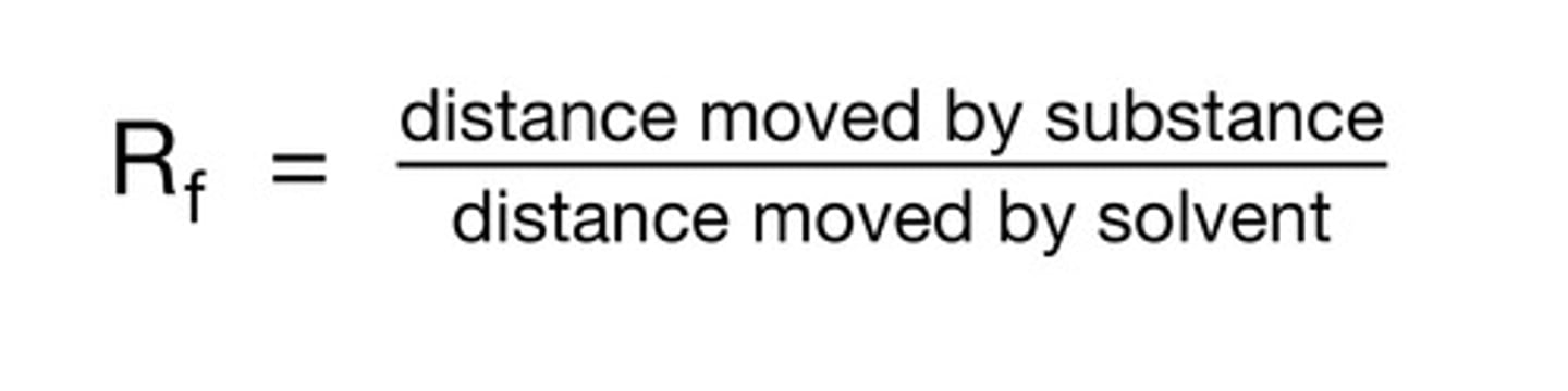<p>distance moved by substance/distance moved by solvent</p><p>nonpolar = faster movement up</p>