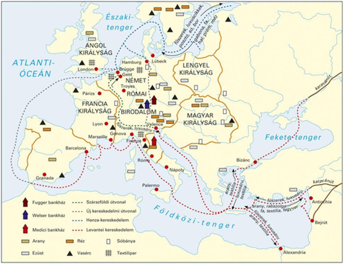 <p>A távol keleti luxuscikket (fűszerek, mirha, bíbor, selyem és porcelán) szállító Selyemútnak négy végpontja volt. A Krími-félsziget, Konstantinápoly, a levantei partvidék és Alexandria. Ezekről a végpontokról szállították az olasz kereskedők (Velence, Genova, Pisa) a távol keleti luxuscikkeket az Alpokon keresztül vezető szárazföldi kereskedelmi úton a Champagne grófság területén található városokba.</p>
