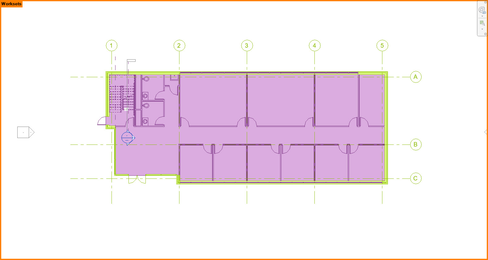 <p>Based on the drawing area <span>(orange outline with "worksets" in the top left, interior purple shading across the entire building while the exterior is highlighted in yellow)</span>, what view state is currently active?</p>
