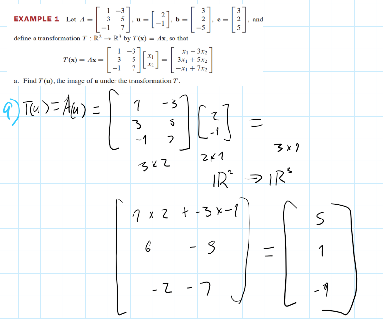 <p>For x in R^n the vector T (x) in is called the image of x (under the action of T). <br><br>basically in this example T(x) is transforming x which is in R² (domain) into R³ (codomain) by multiplying x with A</p>