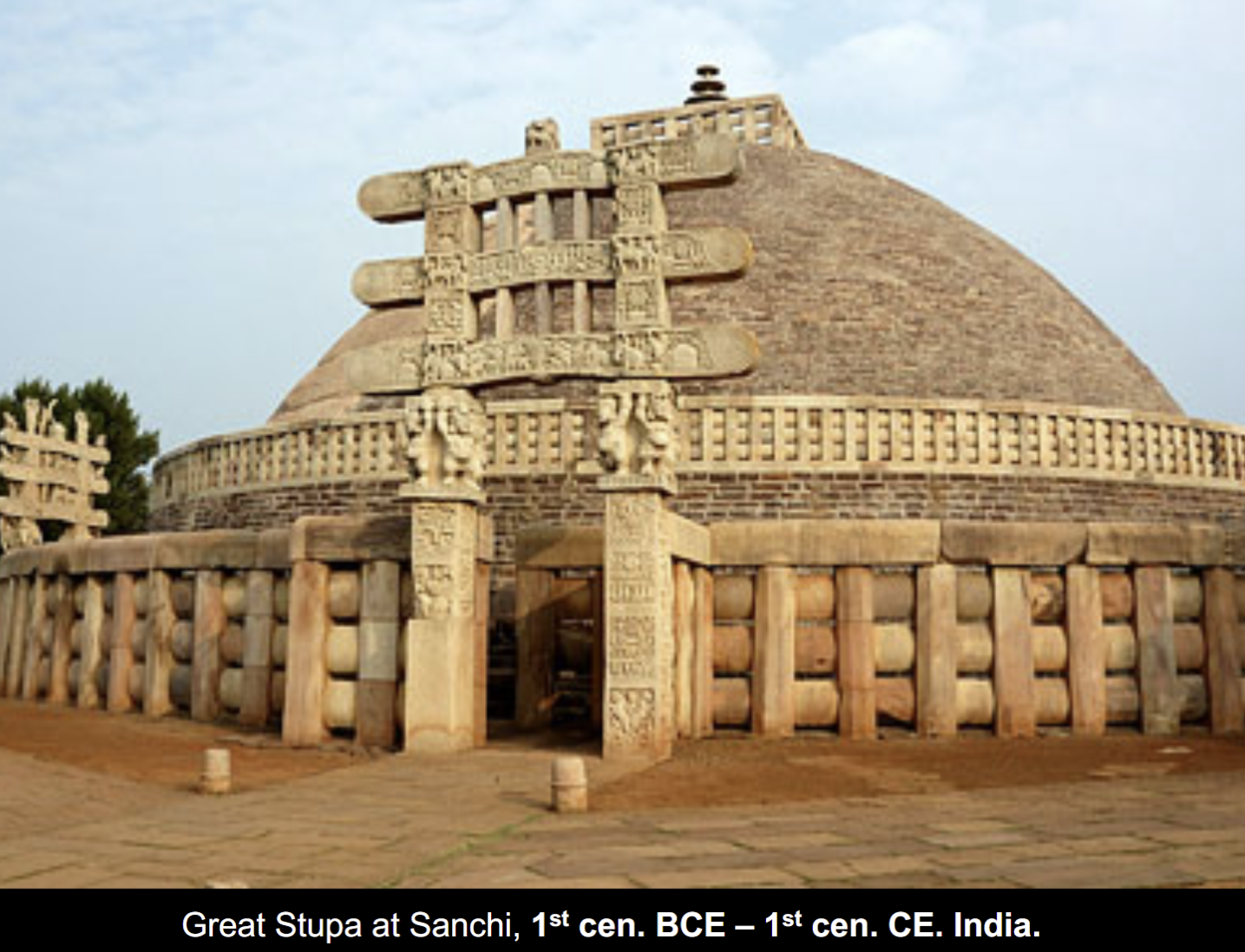 <ul><li><p>Based on core teachings&nbsp;“Dharma” of Buddha</p></li><li><p>Born in present day Nepal as a Prince (5th-6th BCE)</p></li><li><p>Important motifs of his life: Left palace to seek truth, reached enlightment through meditation, taught disciples</p></li><li><p>Death of the Buddha&nbsp;“Nirvana”, escapes the wheel of birth and death&nbsp;&nbsp;</p></li></ul><p></p><ul><li><p>“Ancient Teachings” - Hinayana, Therava Buddhism</p></li><li><p>Monasticism</p></li><li><p>Architecture: Monasteries, pilgrimage sites centered on<strong>&nbsp;Stupa</strong></p></li><li><p>Symbolic structure of Stupa: Circular form, walk clockwise ritualistically</p></li><li><p>Life of Buddha Sakkyamuni engraved in the walls</p></li><li><p>Sanchi North Gate: Attack of Mara, challenge Buddha during meditation to stop his reaching of enlightment</p></li><li><p>Image of Stupa = Death of Buddha</p></li></ul><p></p>