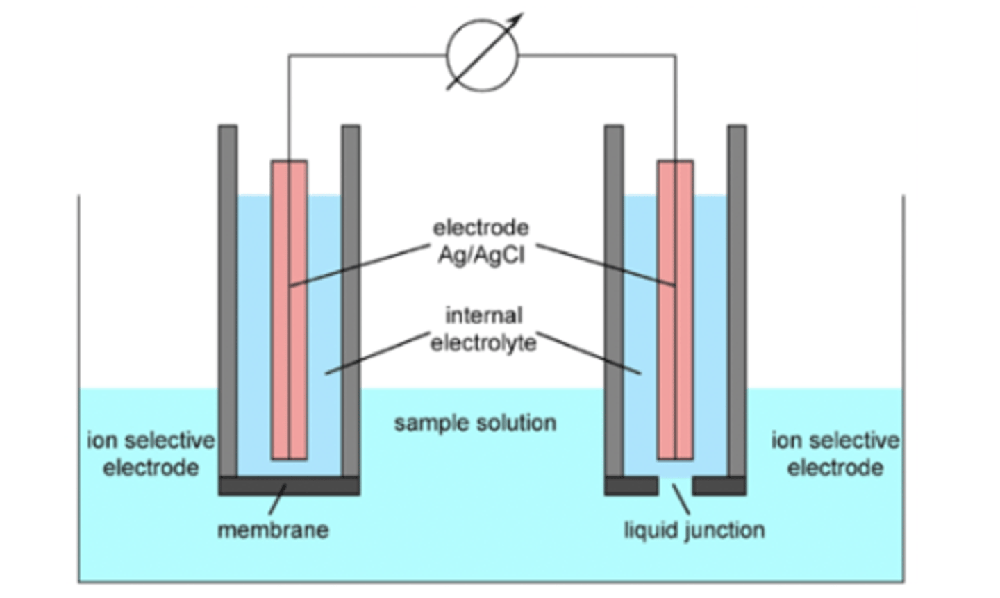 <p>1. reference electrode:</p><p>- commonly Ag/AgCl electrode with saturated KCl in solution as internal electrolyte:</p><p>( AgCl <-> Ag + Cl- )</p><p>2. indicator electrode:</p><p>- has a very thin membrane at bottom that can take up the desired ion species</p><p>- membrane in contact with sample and is the source of signal generated by ion-selective electrode</p>