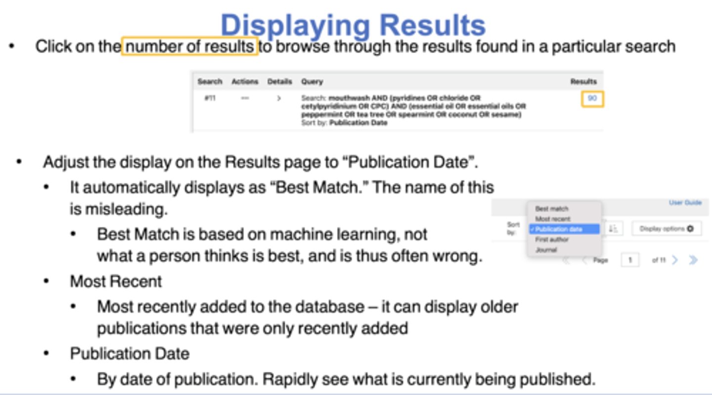 <p>Sort by <strong>publication date </strong>- helps rapidly identify the most recently published information and allows you to see the trends in the scholarly conversation</p><p></p><p>- Use filters if applicable (results by years, age, sex, language, etc)</p>
