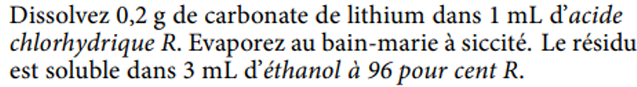 <p>carbonate de lithium (non spé au lithium) et non pharmacopée</p>