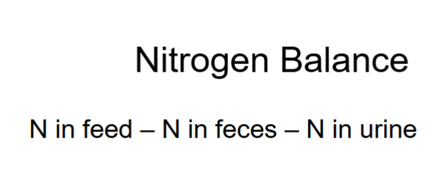 <p>N in feed - N in feces - N in urine</p>