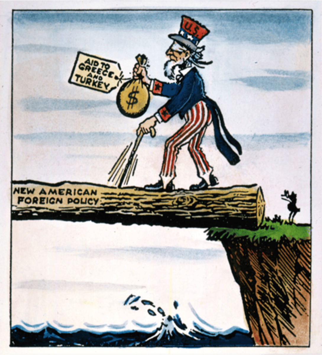 <p>President Truman's policy of providing economic and military aid to any country threatened by communism or totalitarian ideology; mainly helped Greece and Turkey.</p>