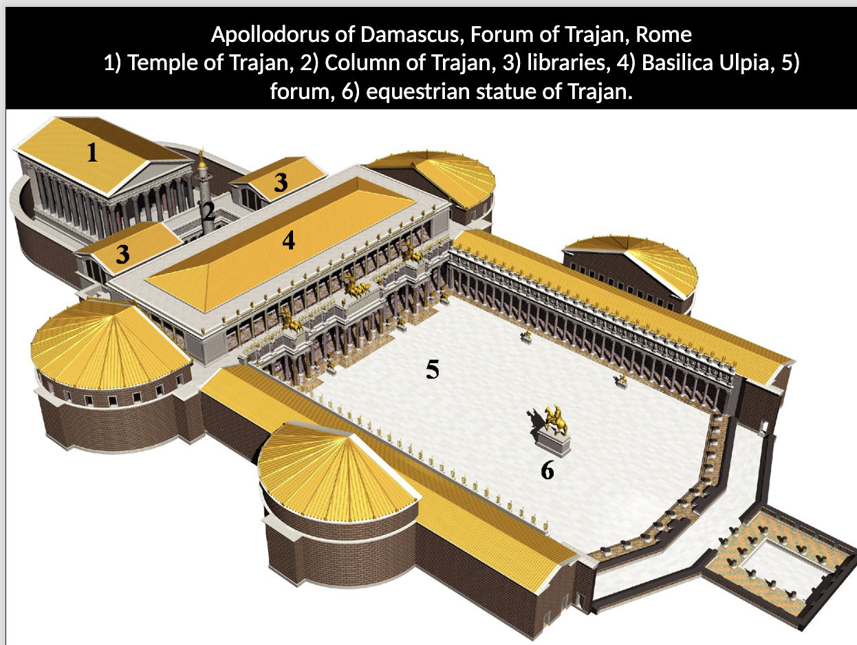 <p>Forum of Trajan, Apollodorus of Damascus (architect) </p><p>Describe the Forum of Trajan. What buildings and monuments were included in the forum? What money was used to pay for its construction? Who was the forum’s architect?</p>