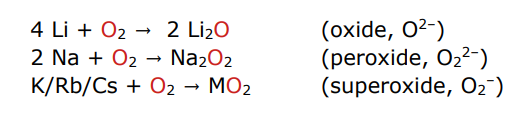 <p>they react with excess oxygen but the product depends on the metal due to greater stabilisation for larger anions with larger cations </p>