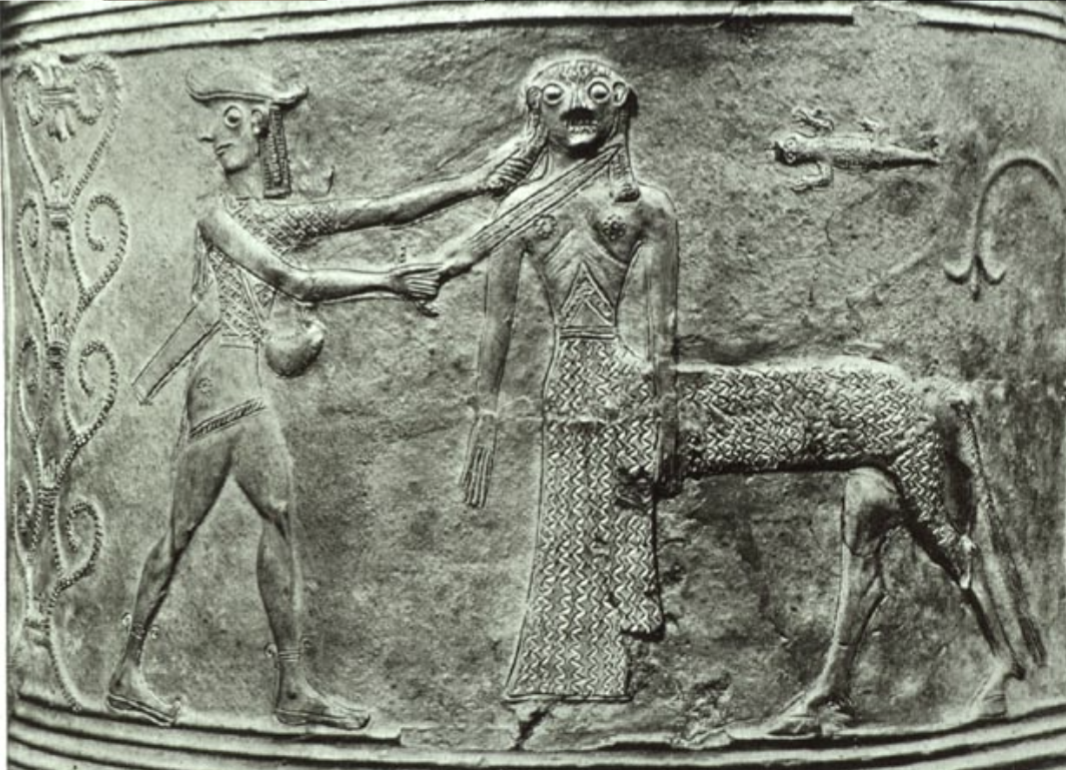 <p>a mythical creature from Greek mythology, featuring the upper body of a human and the lower body of a horse, often representing duality and the struggle between civilization and barbarism. Example: Storage Jar from Tinos</p>