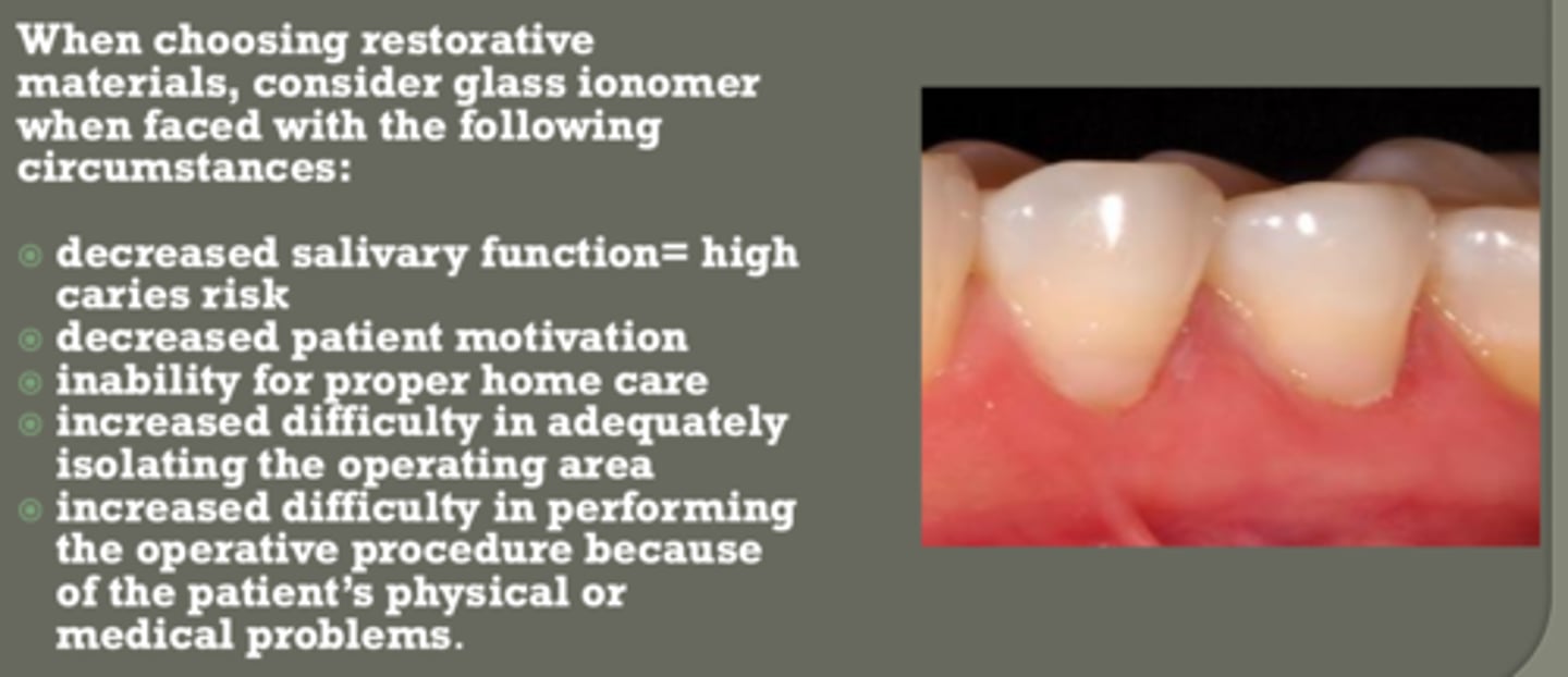 <p>- decrease salivary function = high caries risk</p><p>- decrease patient motivation</p><p>- inability for proper home care</p><p>- increased difficult in isolation</p><p>- increased difficult in performing op. procedure bc pt physical or medical problems</p>